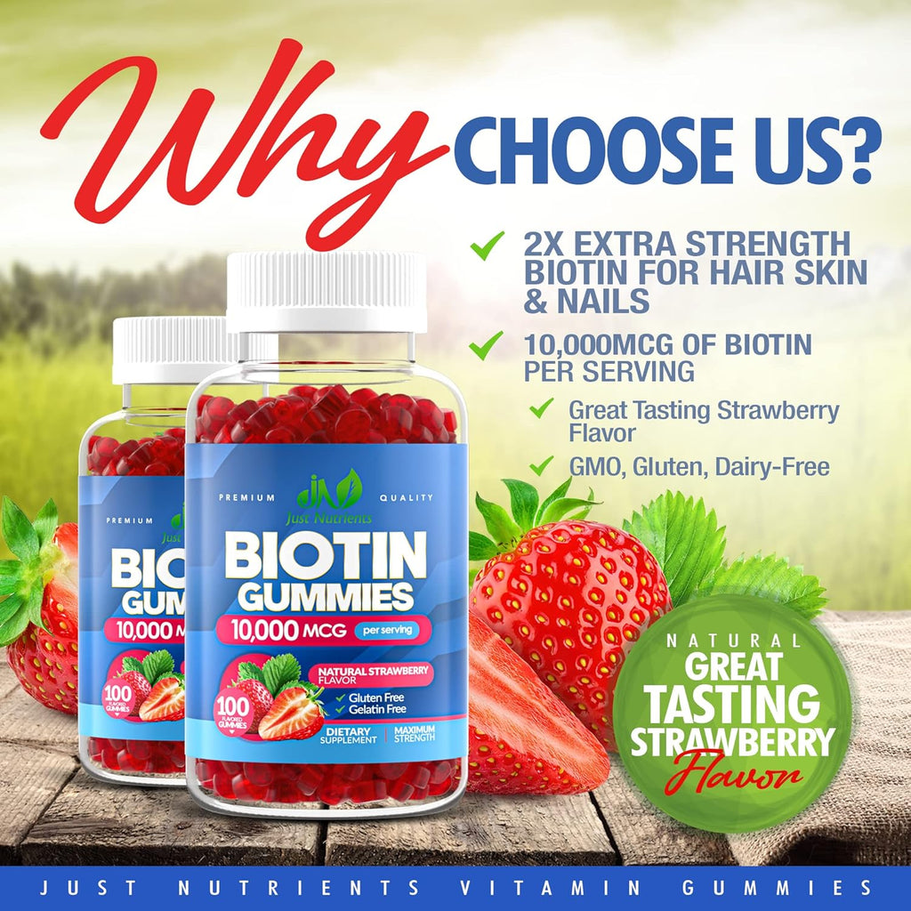 Biotin 10,000mcg Gummies, 100 Count, Strawberry Flavor J192