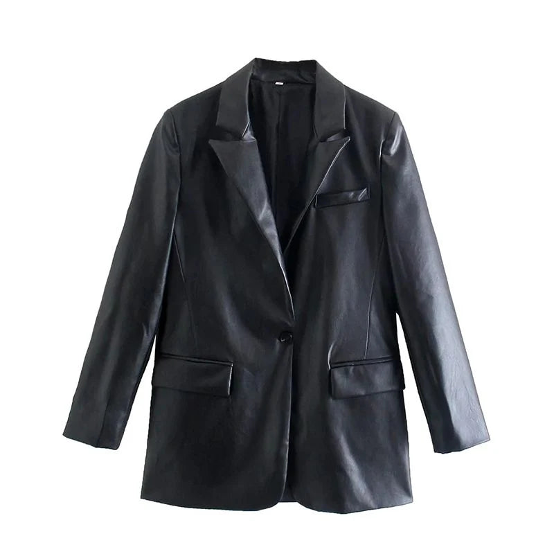 Recycled Vegan Leather One Button Blazer Jacket Z8103