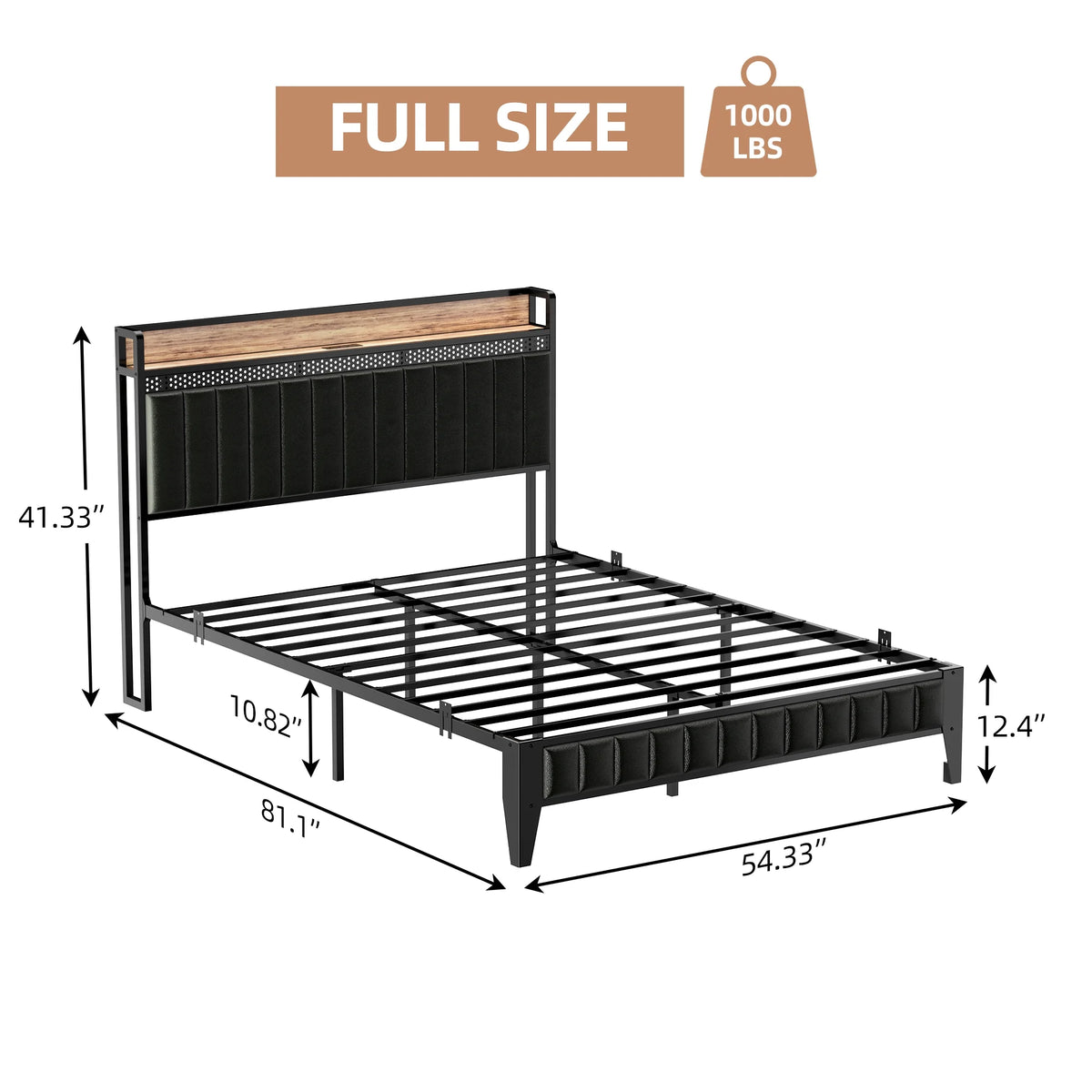 Black Upholstered Platform Bed Frame with Storage Headboard Q10629