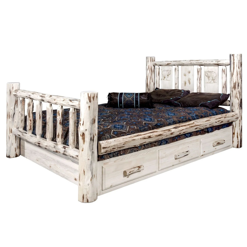Wood Twin Storage Bed with Laser Engraved Pine in Natural J46731