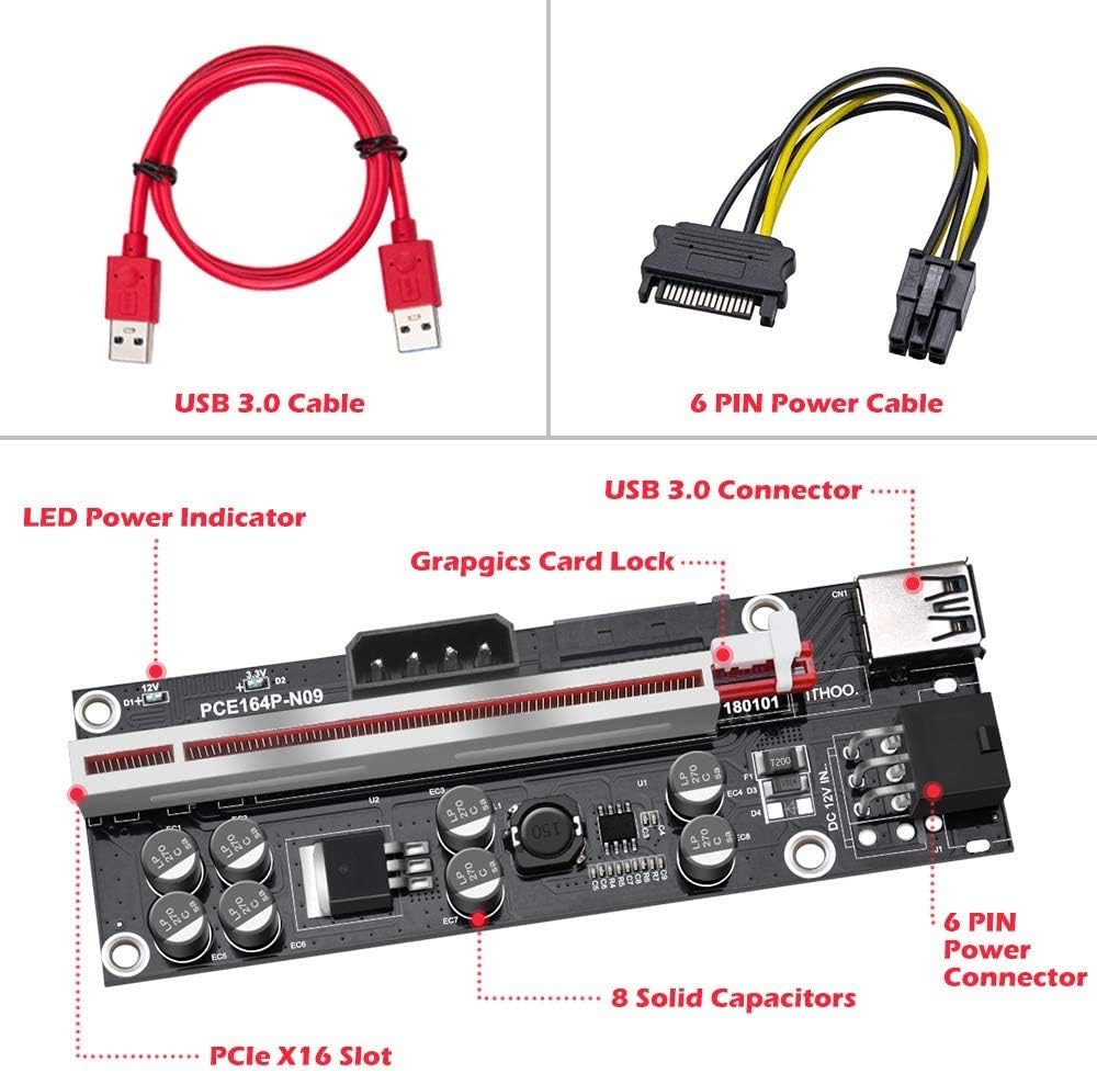 PCIE Riser 1X to 16X Graphics Extension Adapter Card, 8 Capacitors, 60cm USB 3.0 Cable, 6PIN Power Option, 6-Pack D4725