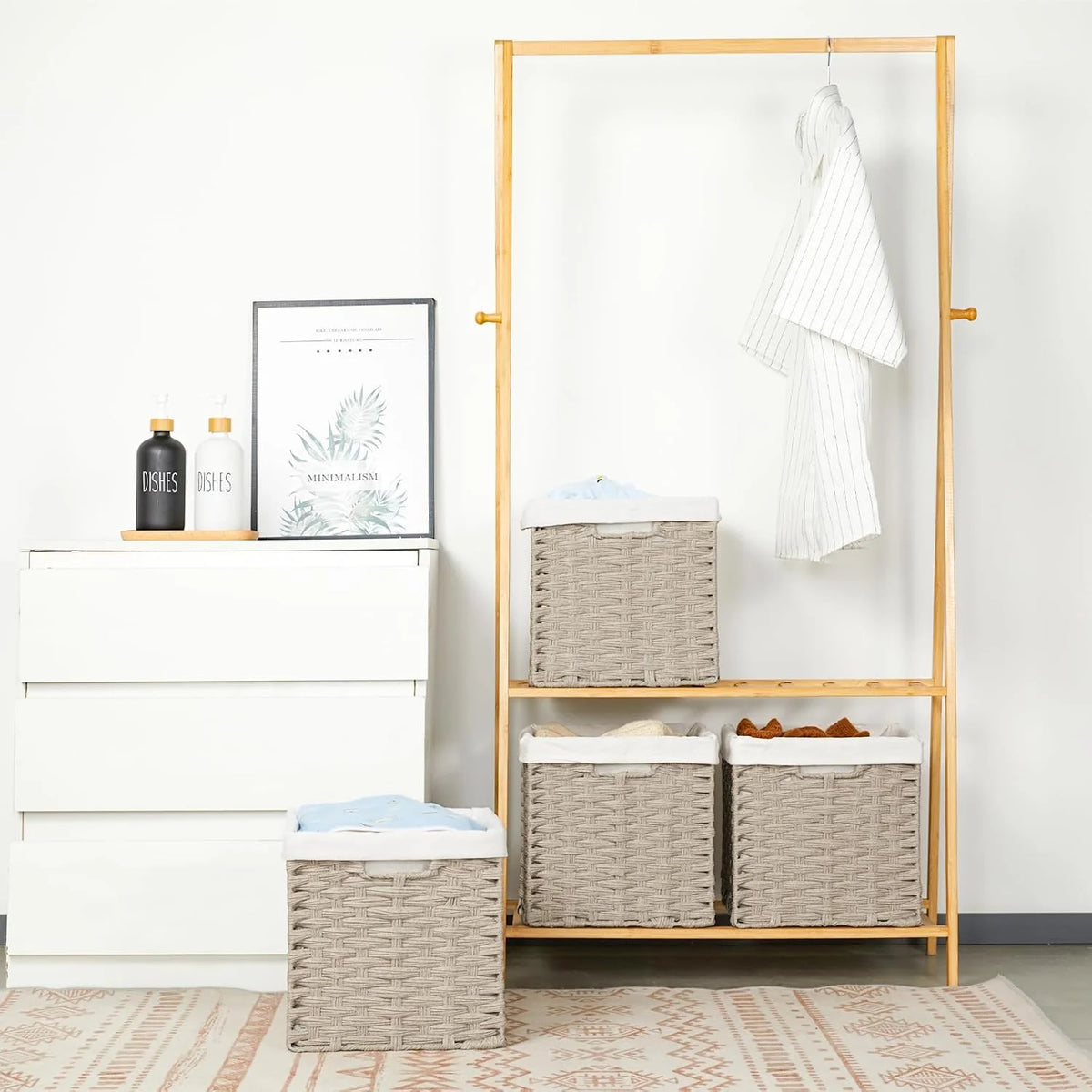 4-Pack Hand-Woven Imitation Wicker Cube Storage Bins with Liners Greyish Beige L74233