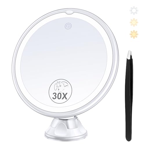 30X Magnifying Mirror with Light, 3 Color Modes, Adjustable Brightness, 1500mAh D990