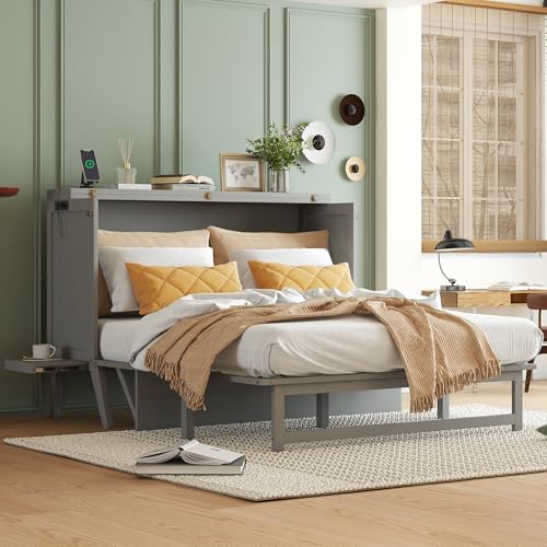 Queen Size Grey Murphy Bed with Charging Station and Drawers A84442