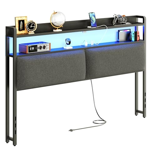 King Size Upholstered Headboard with Storage, Outlets, USB Ports and LED Light W69083
