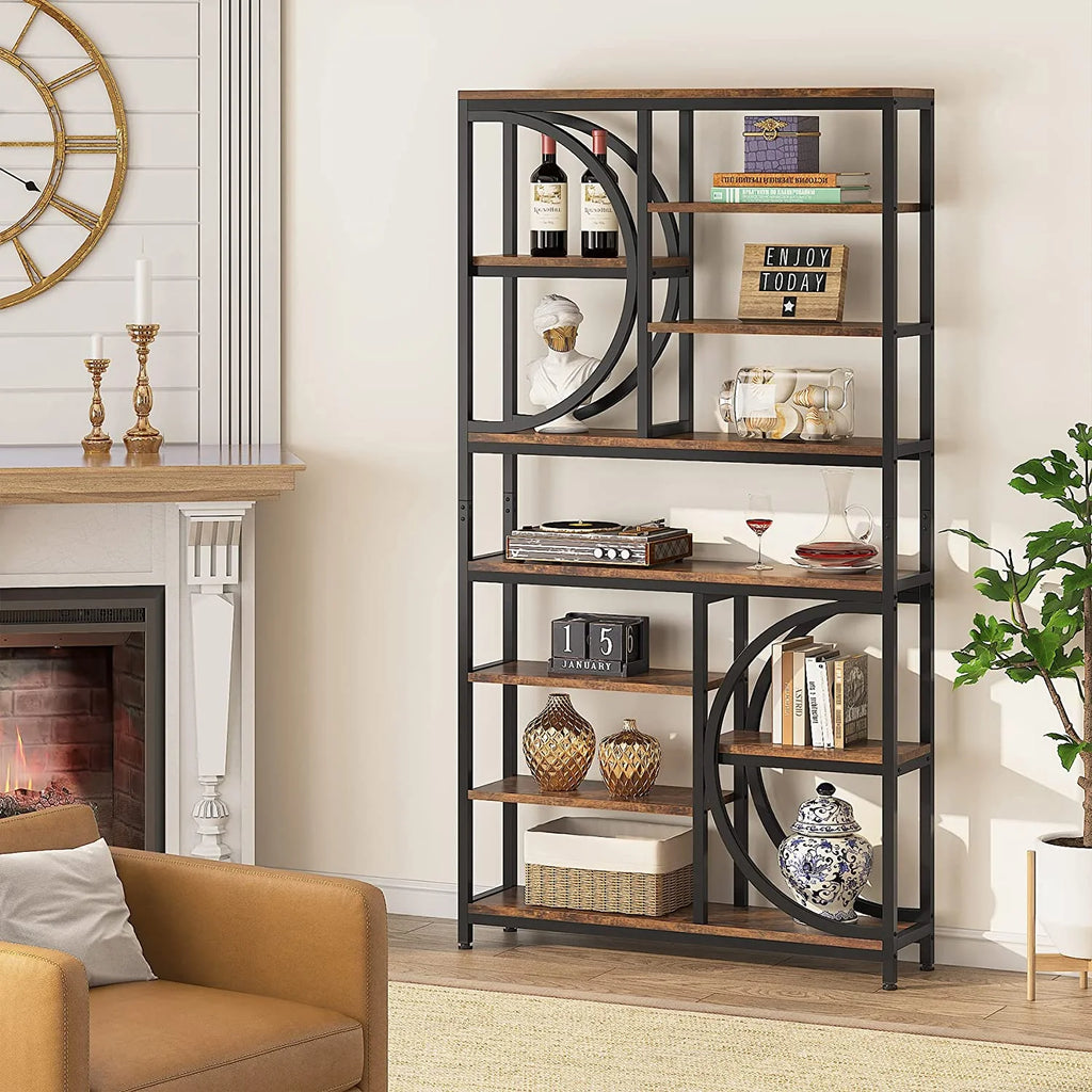 Industrial 8-Tier Wood Look Bookshelf with Metal Frame D75228