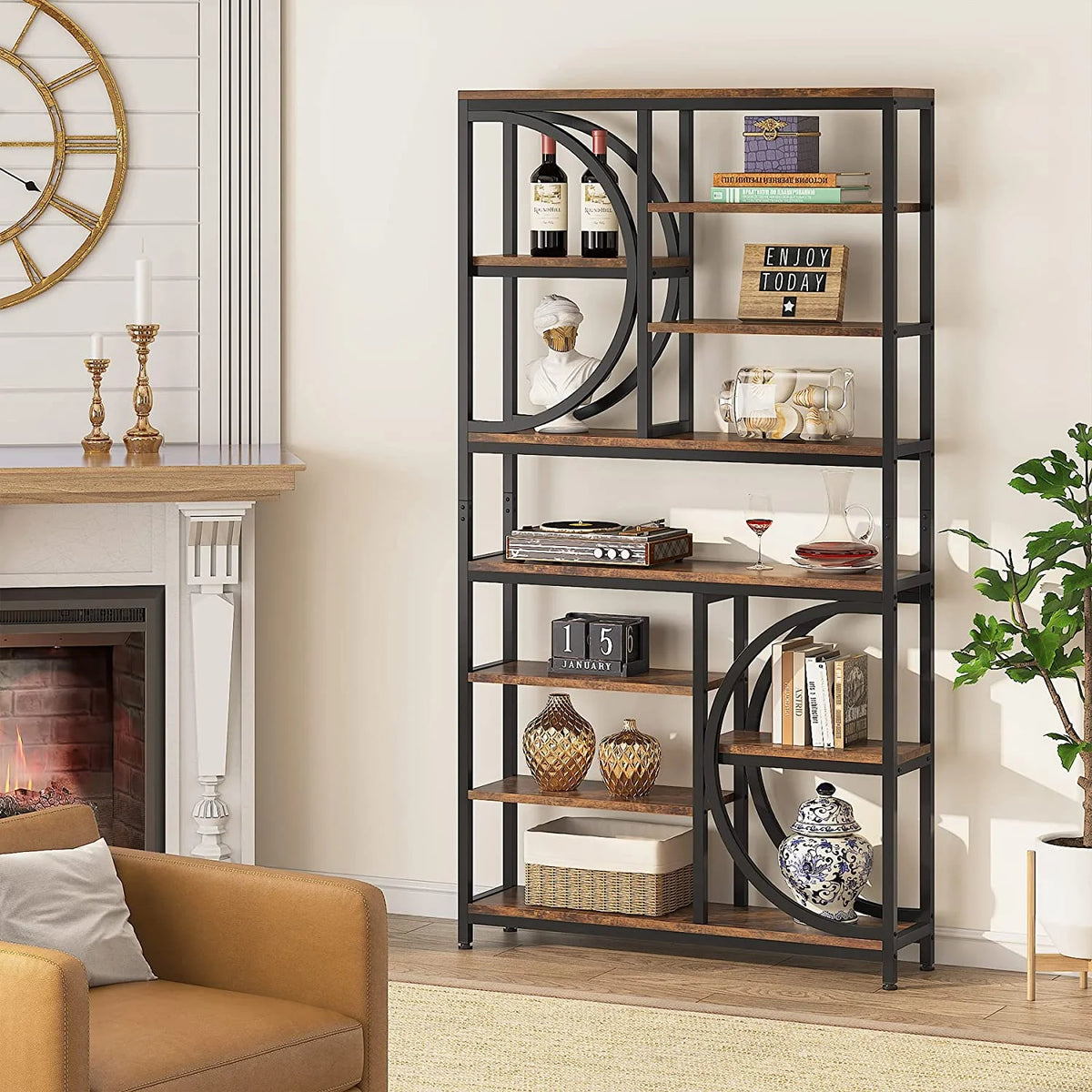 Industrial 8-Tier Wood Look Bookshelf with Metal Frame D75228