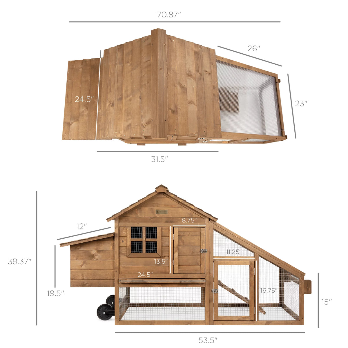 70in Mobile Fir Wood Chicken Coop with Wheels H25233