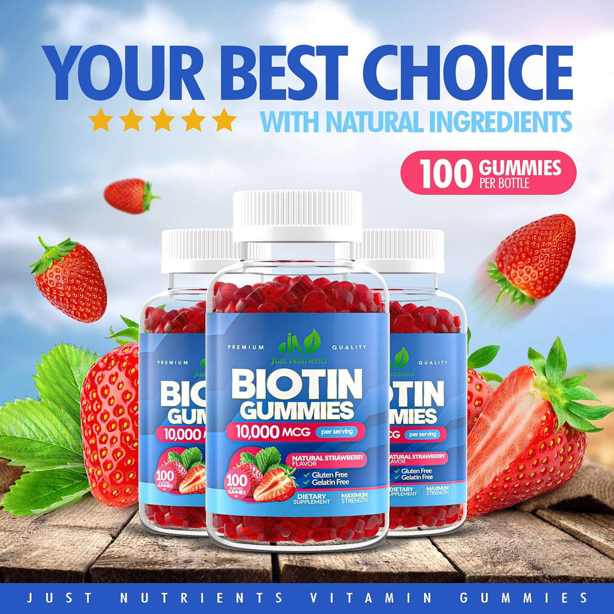Biotin 10,000mcg Gummies, 100 Count, Strawberry Flavor J192