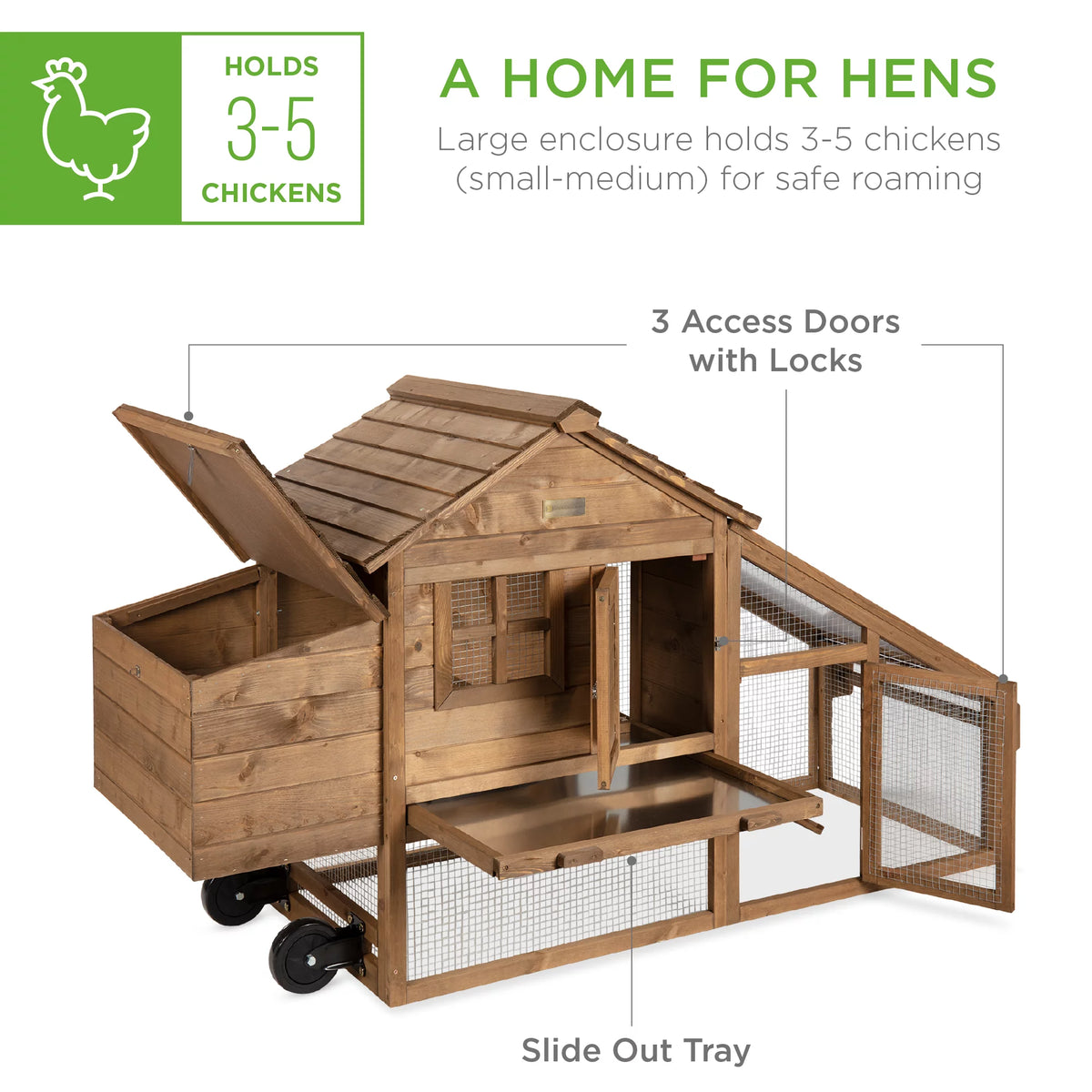 70in Mobile Fir Wood Chicken Coop with Wheels H25233