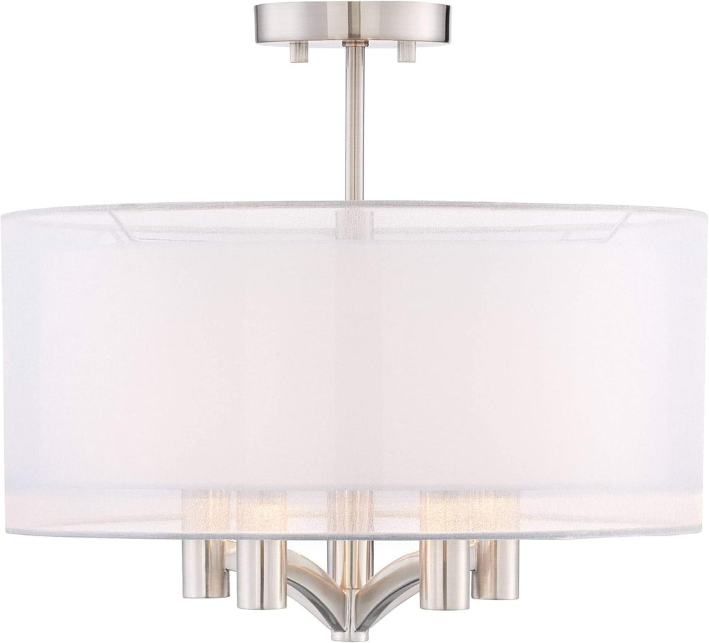 Semi Flush Mount Ceiling Light Brushed Nickel 18 Wide 5-Light White Linen Double Drum Shade G798
