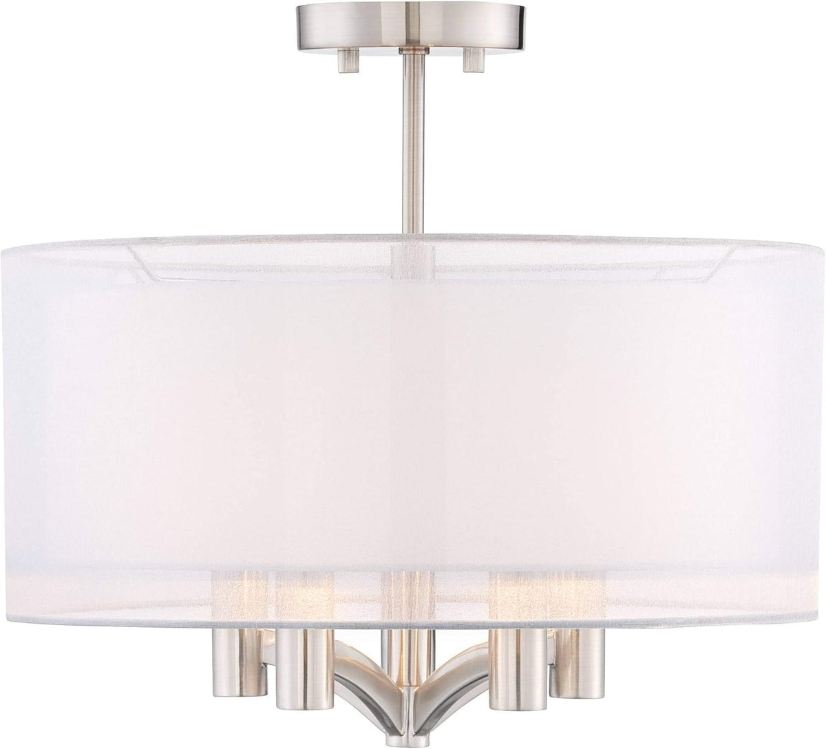 Semi Flush Mount Ceiling Light Brushed Nickel 18 Wide 5-Light White Linen Double Drum Shade G798