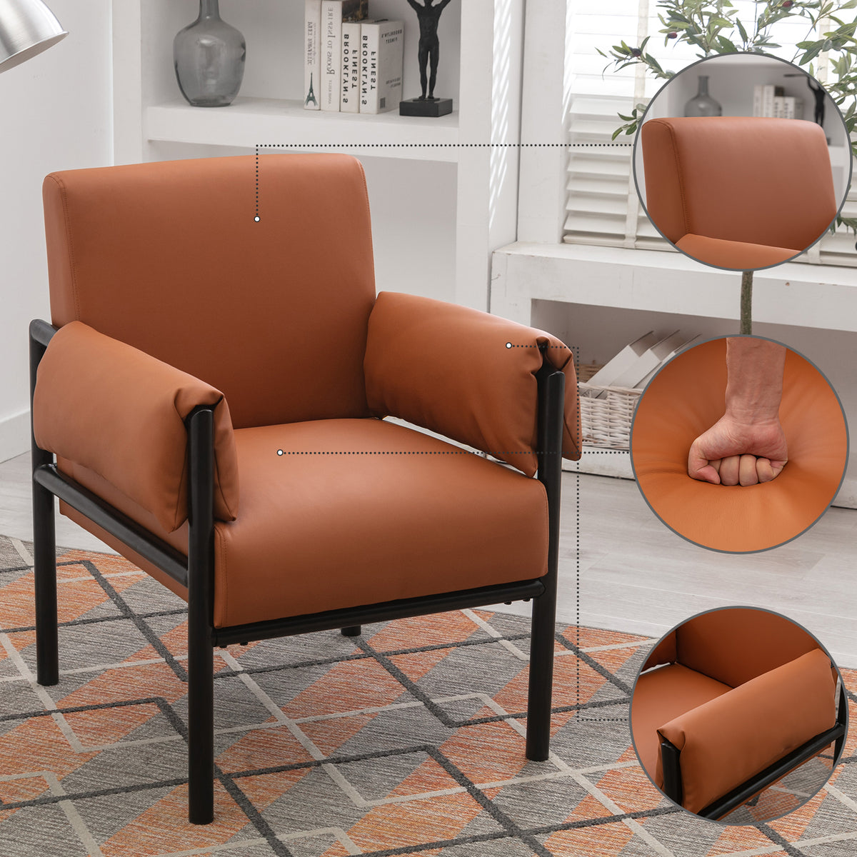 Camel PU Leather Reading Chair with Extended Arms and Backrest H8543