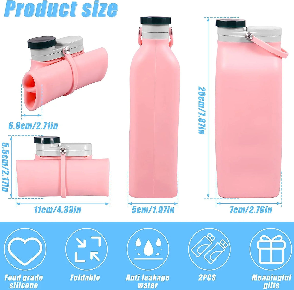 2PCS Collapsible 20oz Silicone Water Bottles S436688