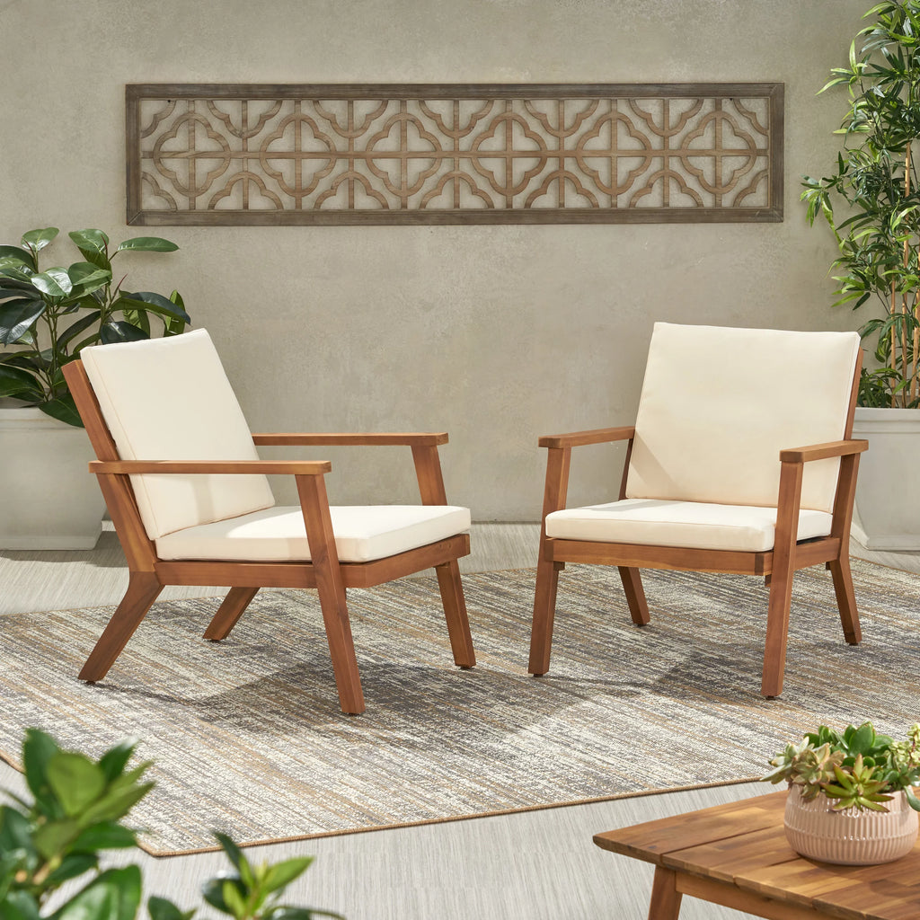 Acacia Wood Club Chairs with Cushions, Set of 2, Brown Patina, Cream L4966
