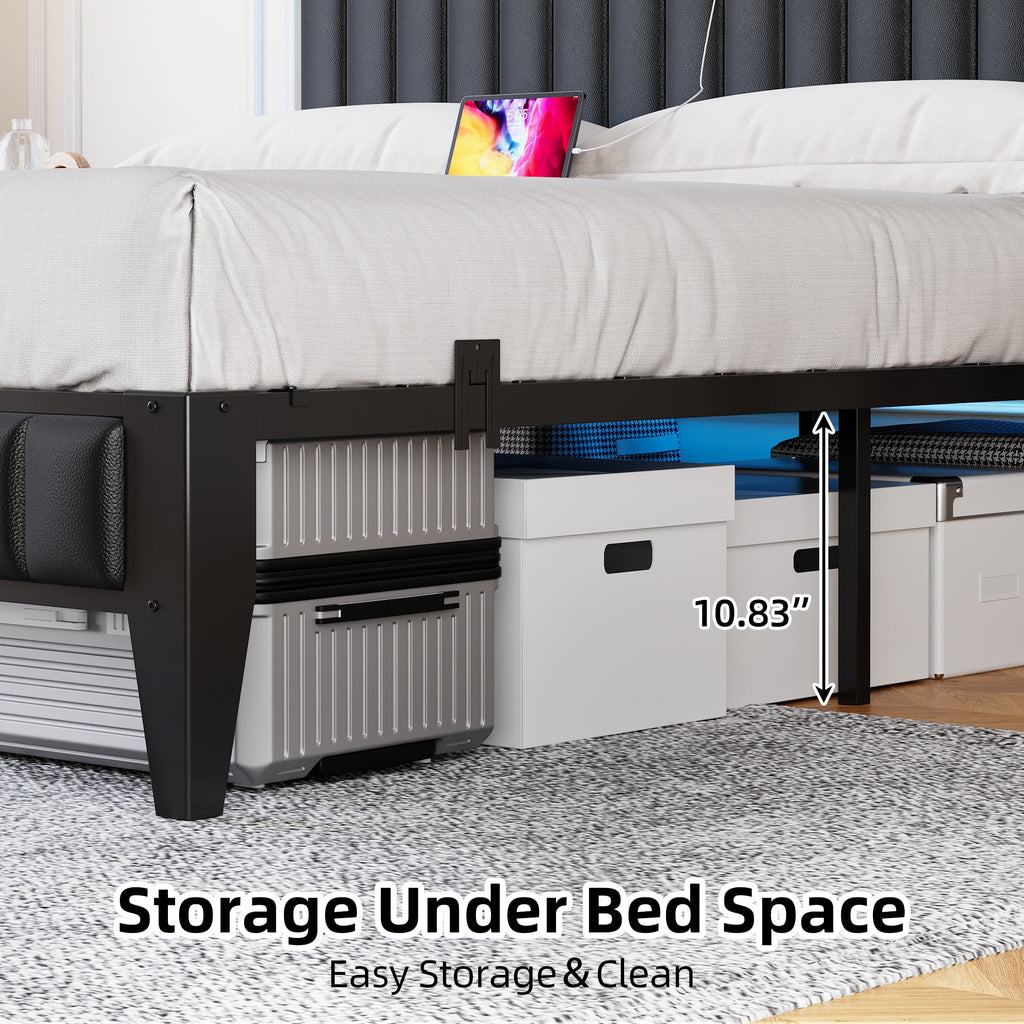 Black Upholstered Platform Bed Frame with Storage Headboard Q10629