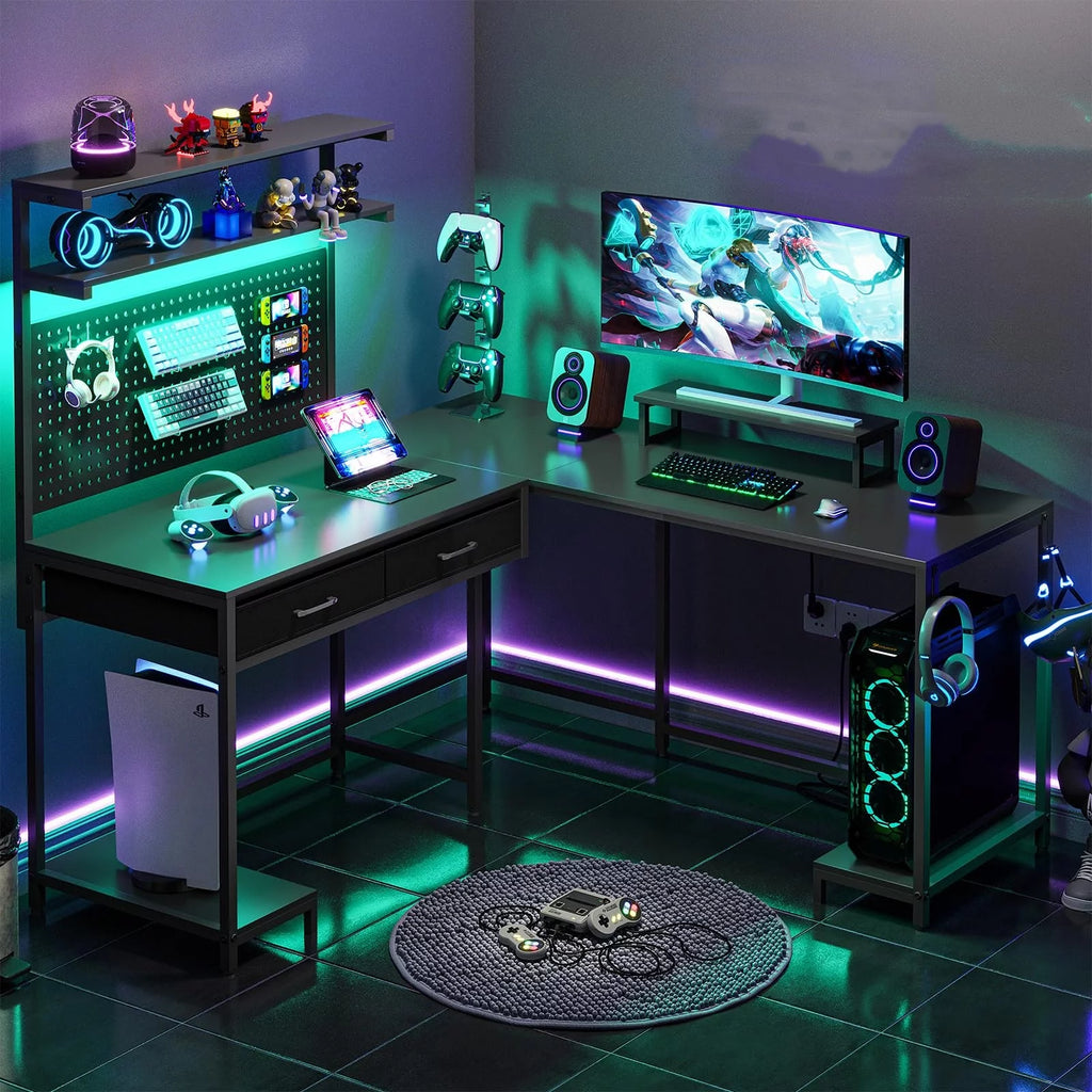 Black Reversible L-Shaped Computer Desk with Hutch and Drawers P388389