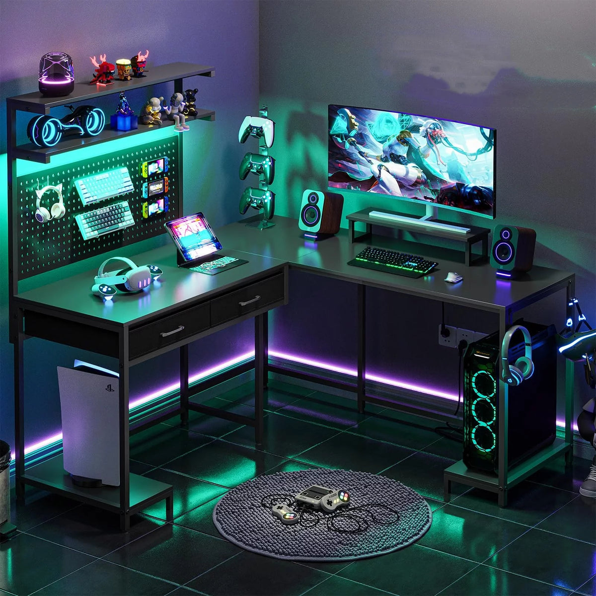 Black Reversible L-Shaped Computer Desk with Hutch and Drawers P388389