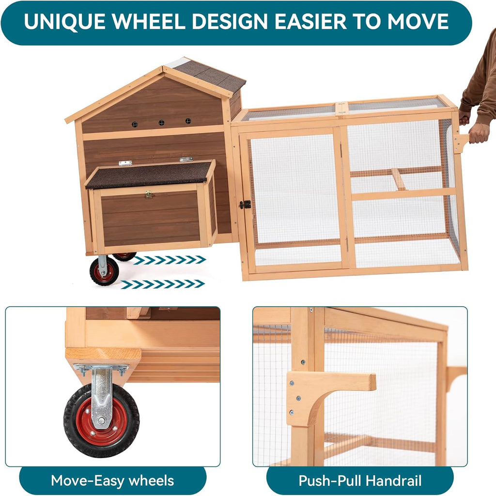 81”L Movable Chicken Coop with Wheels Wooden Poultry Cage L465