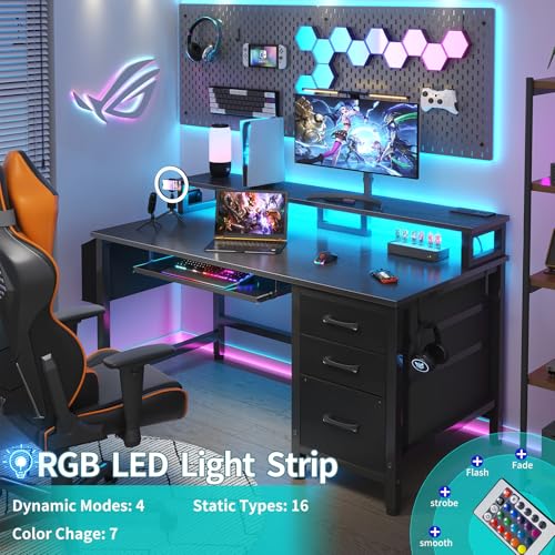 Rustic Brown Computer Desk with File Drawers Cabinet, Keyboard Tray, LED Lights and Power Outlets, Monitor Stand D856