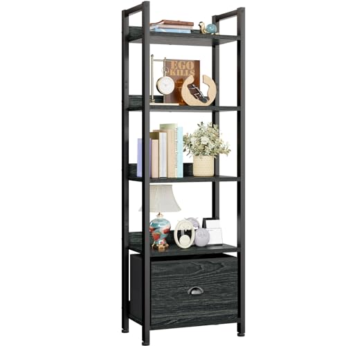 Black 5 Tier Bookshelf with Drawer, Tall Narrow Bookcase, Wood and Metal X7700