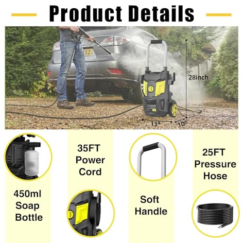 Electric Pressure Washer 4500 PSI 2.8 GPM with 35FT Power Cord 4 Nozzles Soap Cannon Yellow K3471