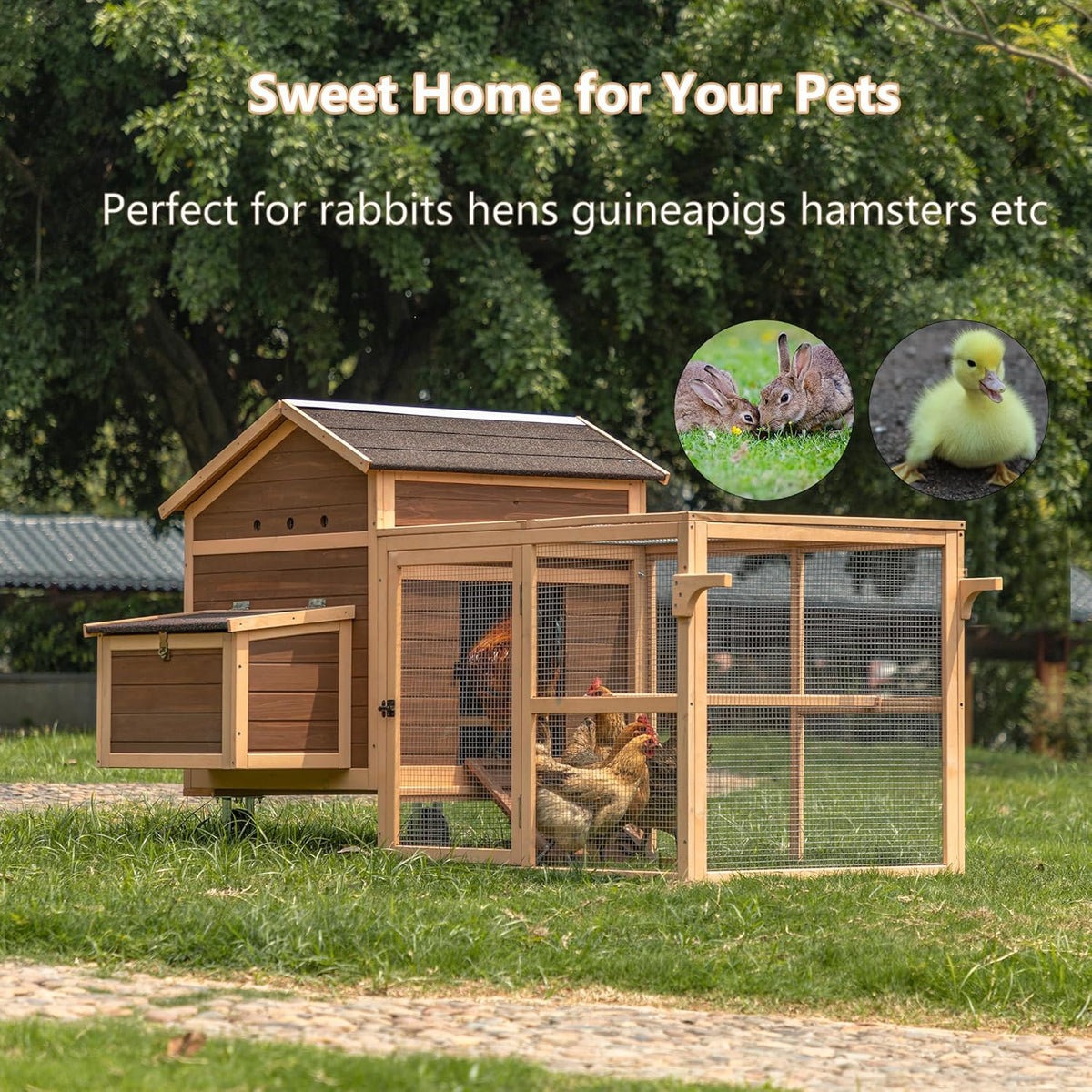 81”L Movable Chicken Coop with Wheels Wooden Poultry Cage L465