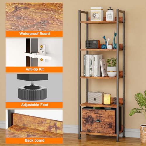 Black 5 Tier Bookshelf with Drawer, Tall Narrow Bookcase, Wood and Metal X7700