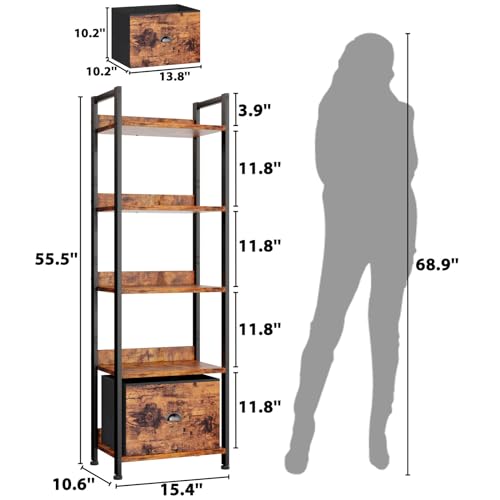 Black 5 Tier Bookshelf with Drawer, Tall Narrow Bookcase, Wood and Metal X7700
