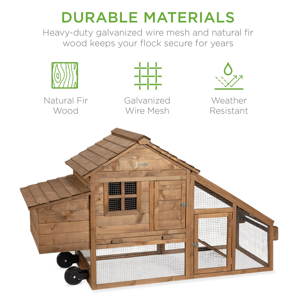 70in Mobile Fir Wood Chicken Coop with Wheels H25233