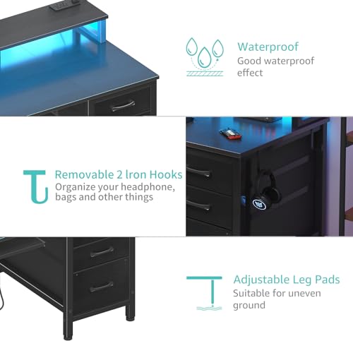 Rustic Brown Computer Desk with File Drawers Cabinet, Keyboard Tray, LED Lights and Power Outlets, Monitor Stand D856