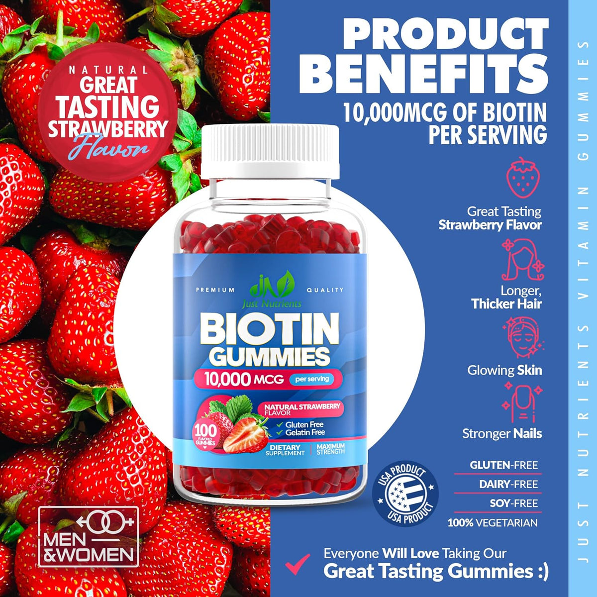 Biotin 10,000mcg Gummies, 100 Count, Strawberry Flavor J192