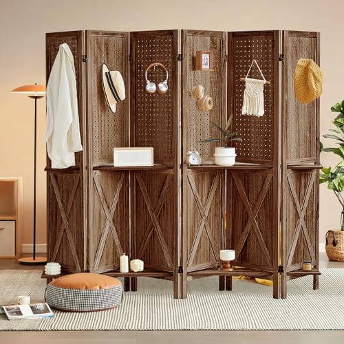 Brown Wooden Pegboard Room Divider with 16 Hooks J41877