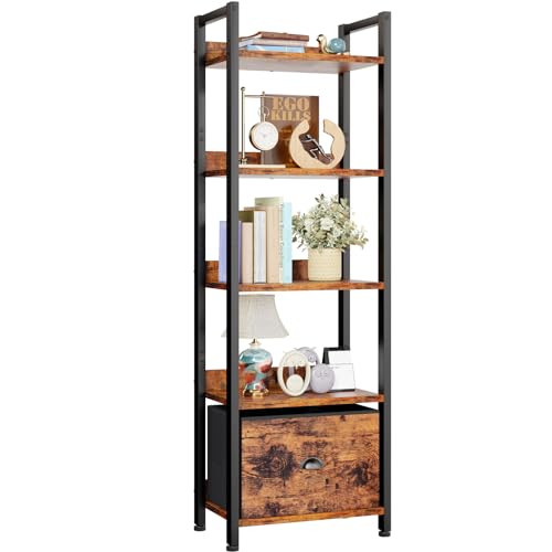 Black 5 Tier Bookshelf with Drawer, Tall Narrow Bookcase, Wood and Metal X7700