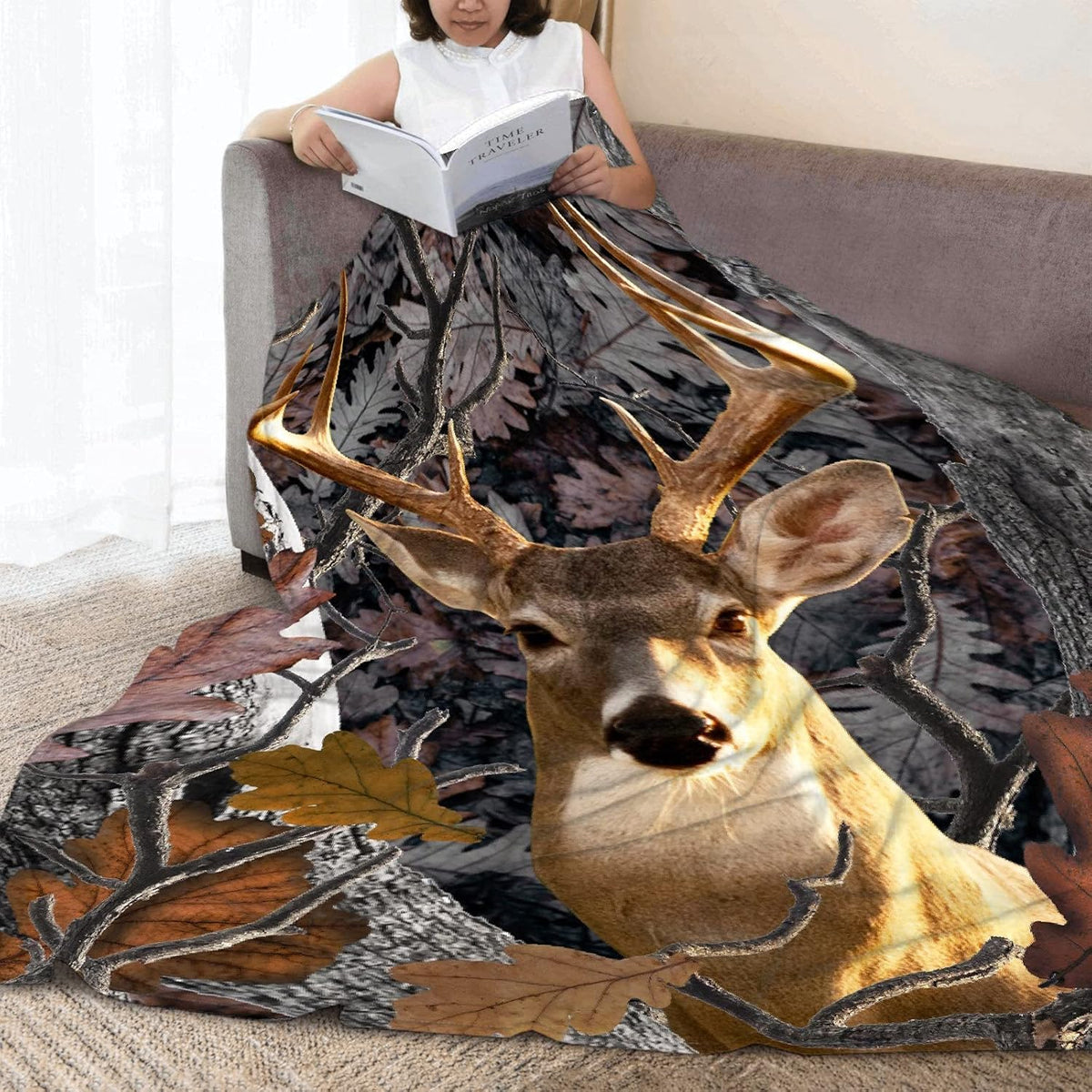 Camo Buck Deer Forest Flannel Blanket 80x60 T15183