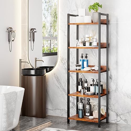 Black 5 Tier Bookshelf with Drawer, Tall Narrow Bookcase, Wood and Metal X7700