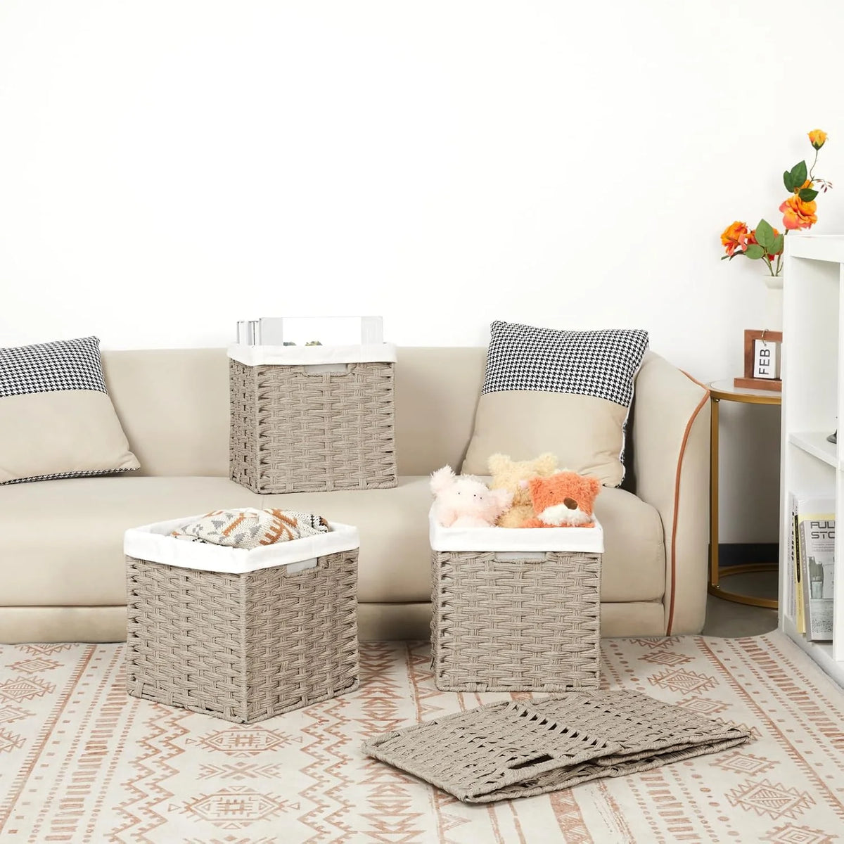 4-Pack Hand-Woven Imitation Wicker Cube Storage Bins with Liners Greyish Beige L74233