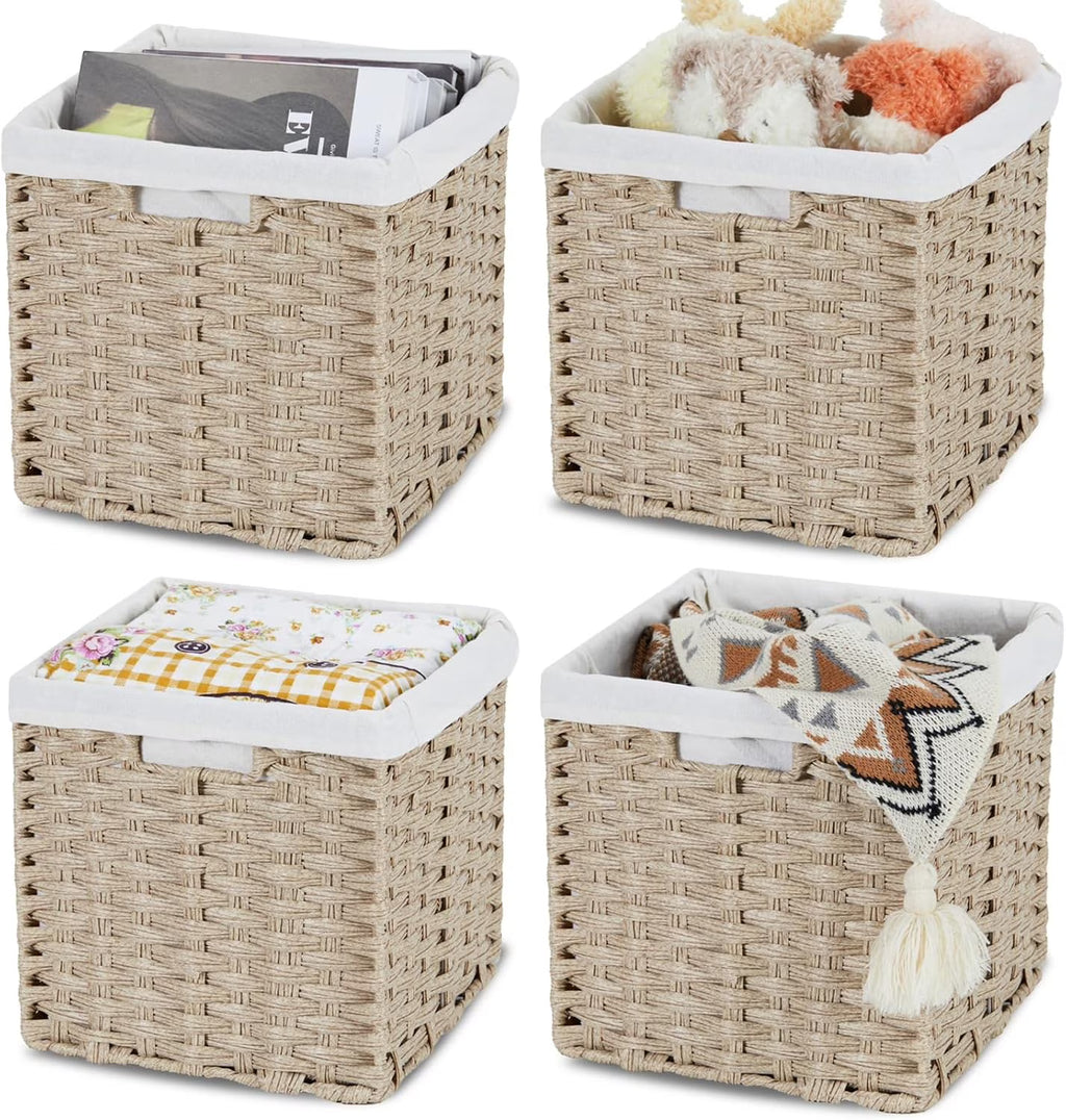 4-Pack Hand-Woven Imitation Wicker Cube Storage Bins with Liners Greyish Beige L74233