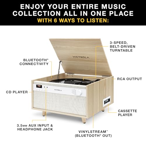 6-in-1 Turntable with CD & Cassette Player, Bluetooth, Walnut E16548