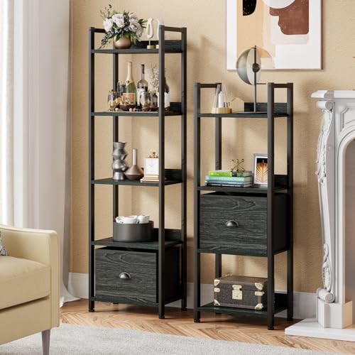 Black 5 Tier Bookshelf with Drawer, Tall Narrow Bookcase, Wood and Metal X7700