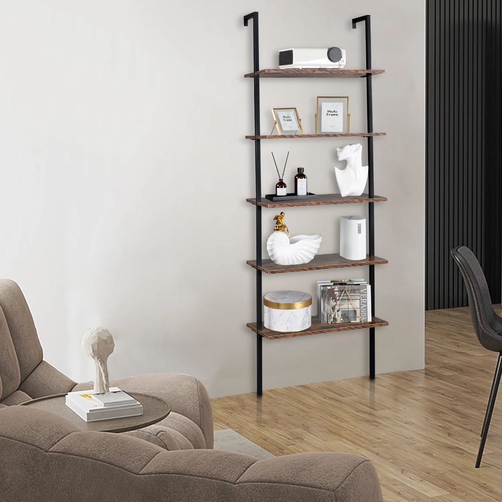 5 Tier Wall Mounted Ladder Shelf with Metal Frame and Wood Shelf Y195721