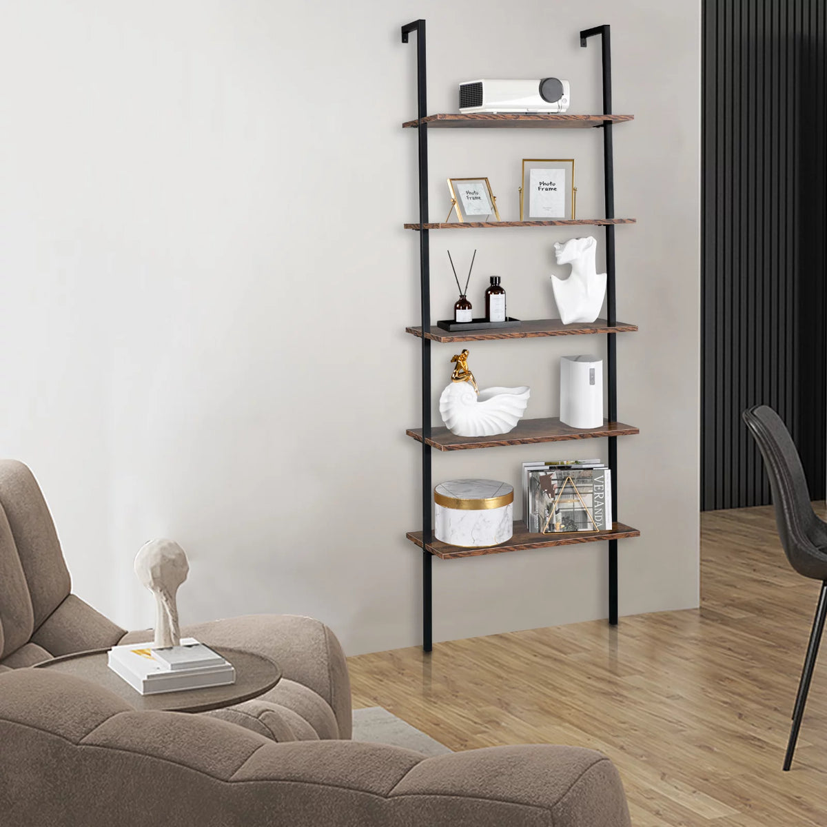 5 Tier Wall Mounted Ladder Shelf with Metal Frame and Wood Shelf Y195721