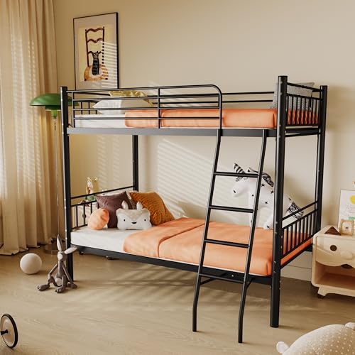 Twin Over Twin Heavy Duty Metal Bunk Bed with Ladder and Guardrail L73033
