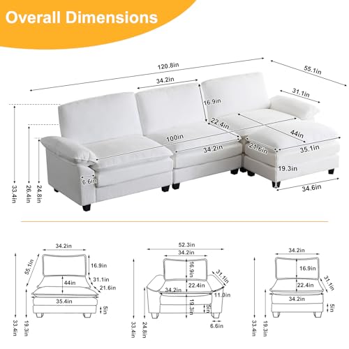 White Corduroy Modular Sectional Sofa with Ottoman S3650