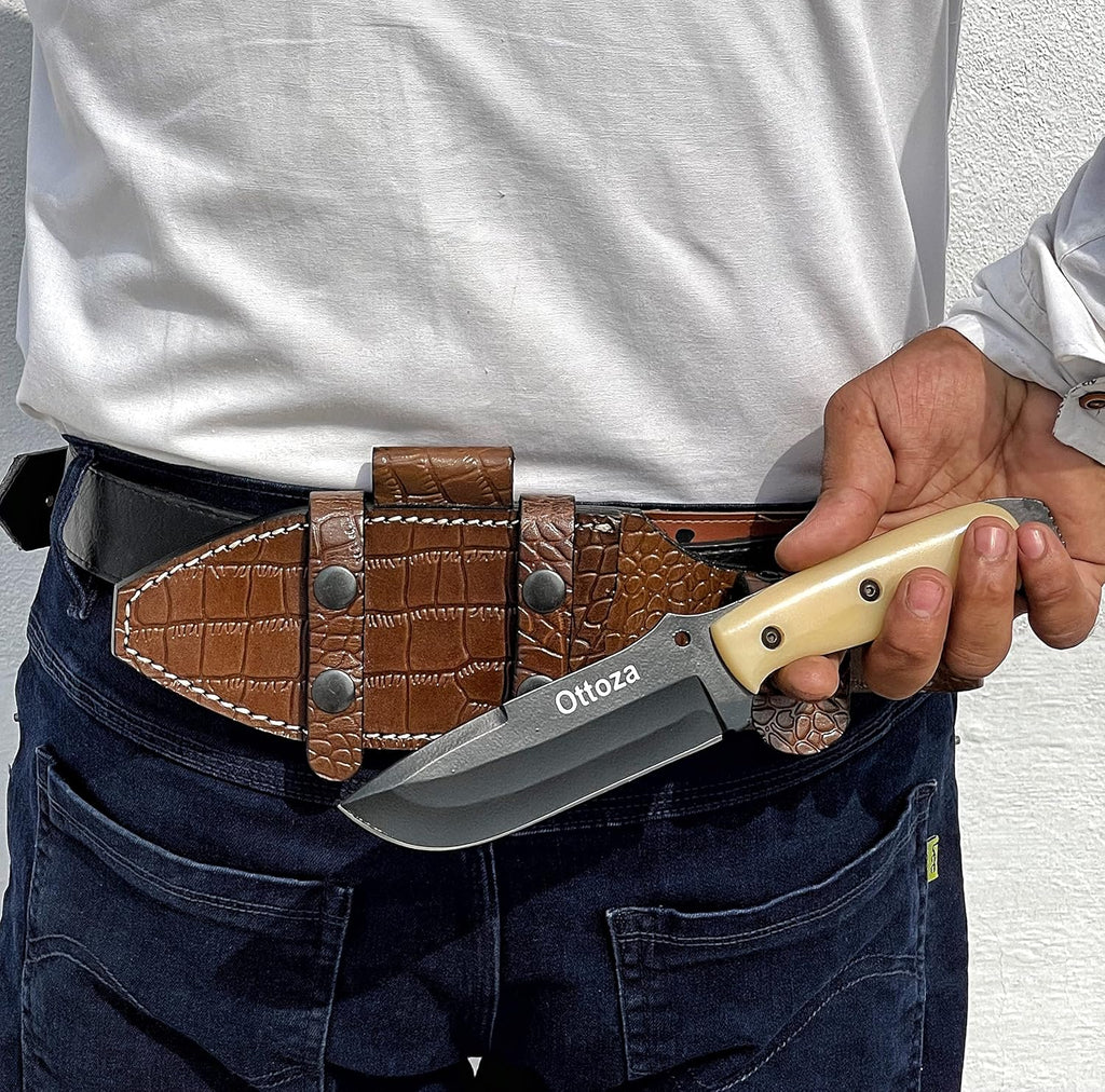 1095 Carbon Steel Bushcraft Knife with Bone Handle and Sheath O9829