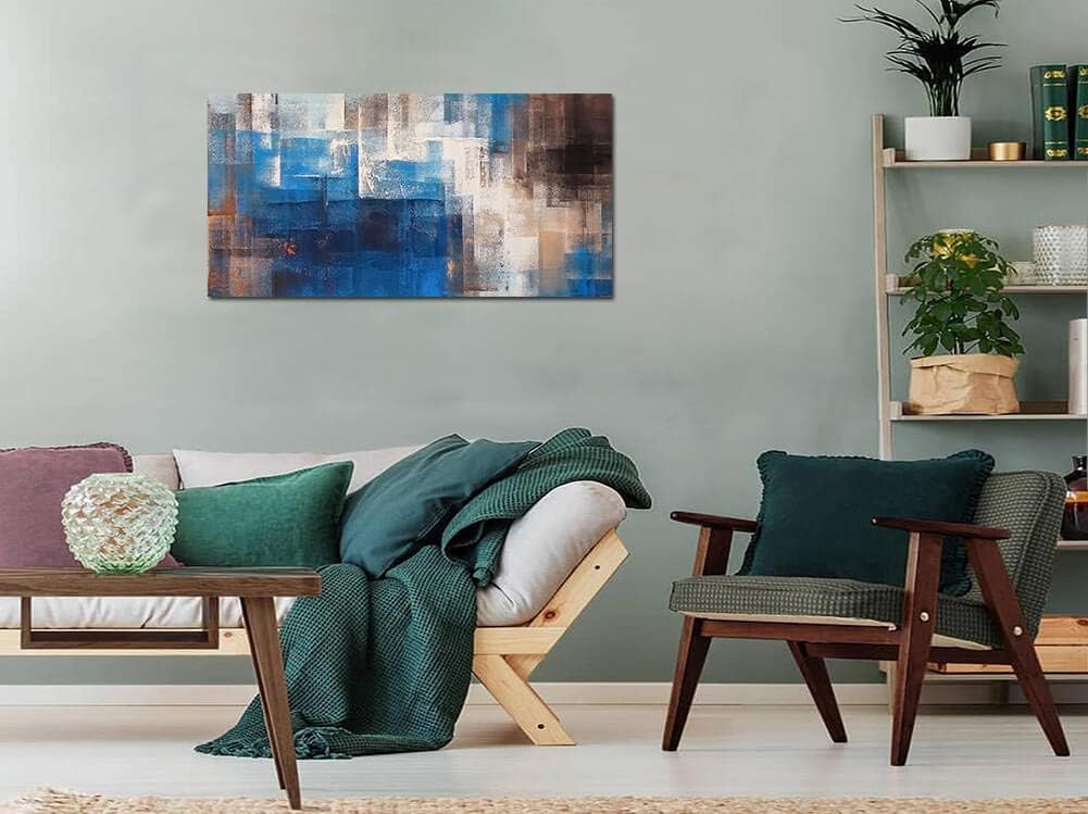 Blue Gray Brown Abstract Framed Canvas Artwork 20X40in S5859