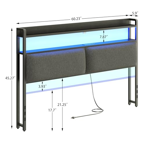 King Size Upholstered Headboard with Storage, Outlets, USB Ports and LED Light W69083