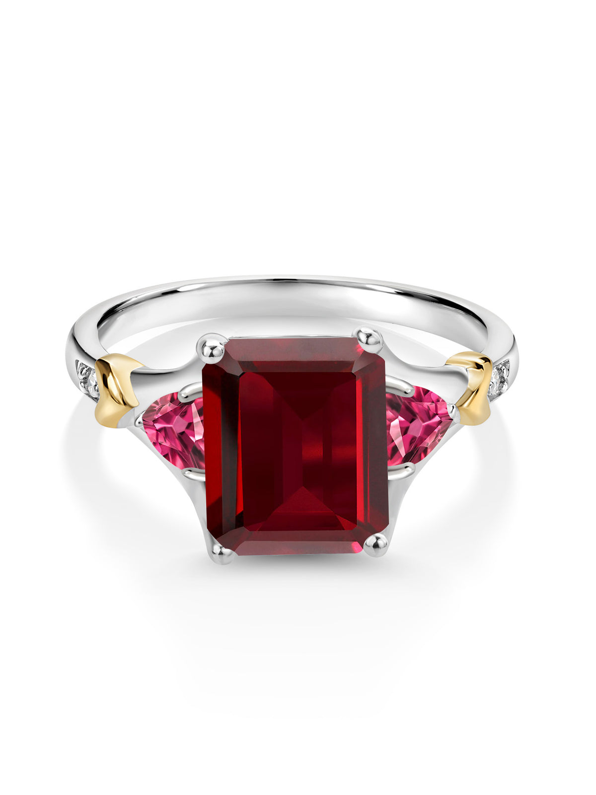 925 Silver 10K Yellow Gold Red Garnet Pink Tourmaline Diamond Engagement Ring D4356