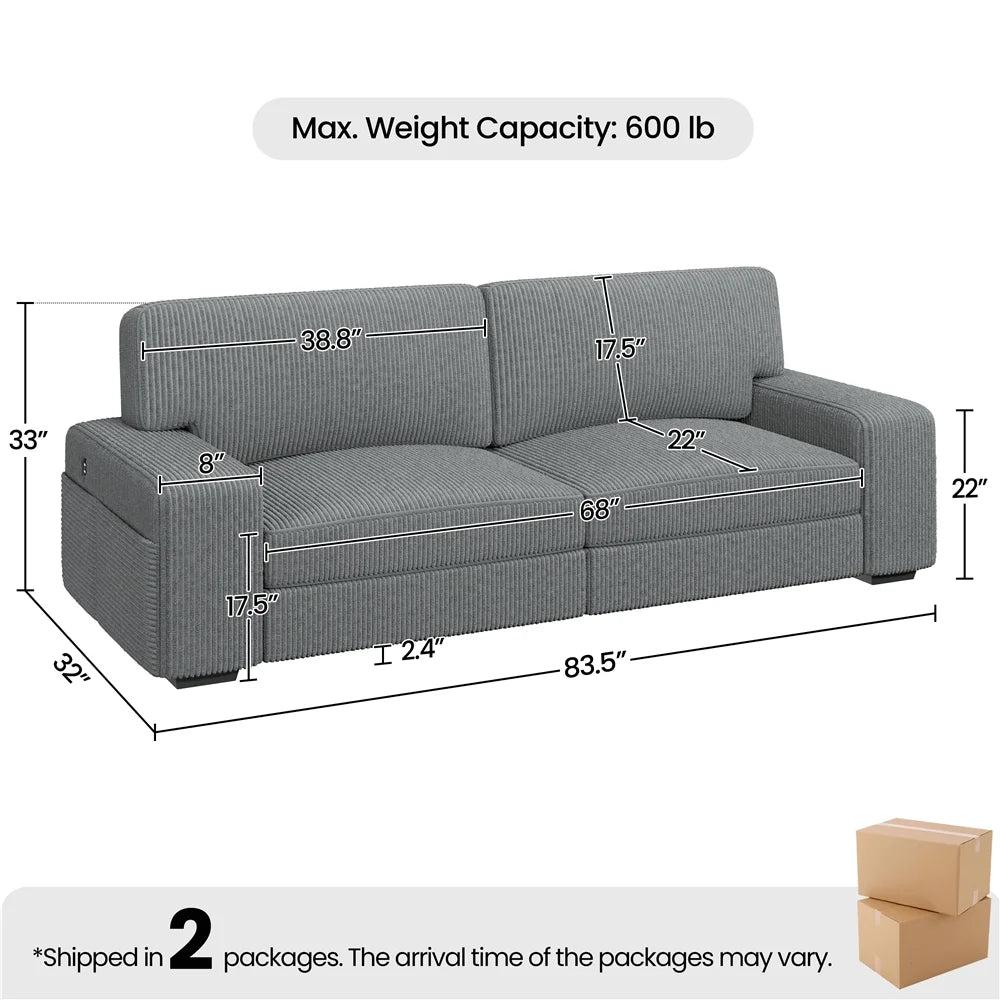 83.5'' W 2-Seater Corduroy Fabric Sofa Couch with USB Charging Ports, Ivory T301381