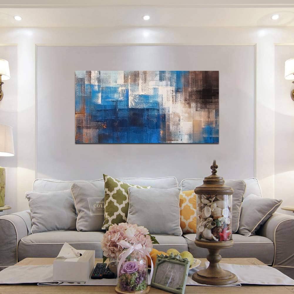 Blue Gray Brown Abstract Framed Canvas Artwork 20X40in S5859